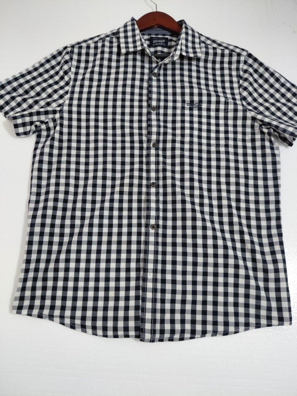 Perry Ellis Navy White Gingham Plaid Button Up Shirt